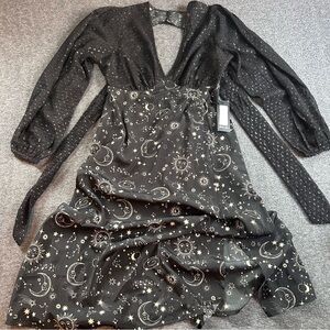 Nasty Gal Black V Plunge Celestial Dress Size 6 Whimsigoth‎ NWT